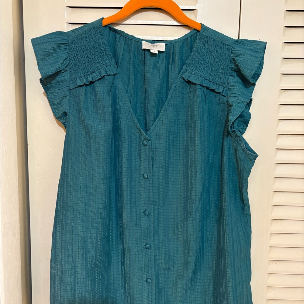 LOFT teal ruffle shoulder sleeveless top